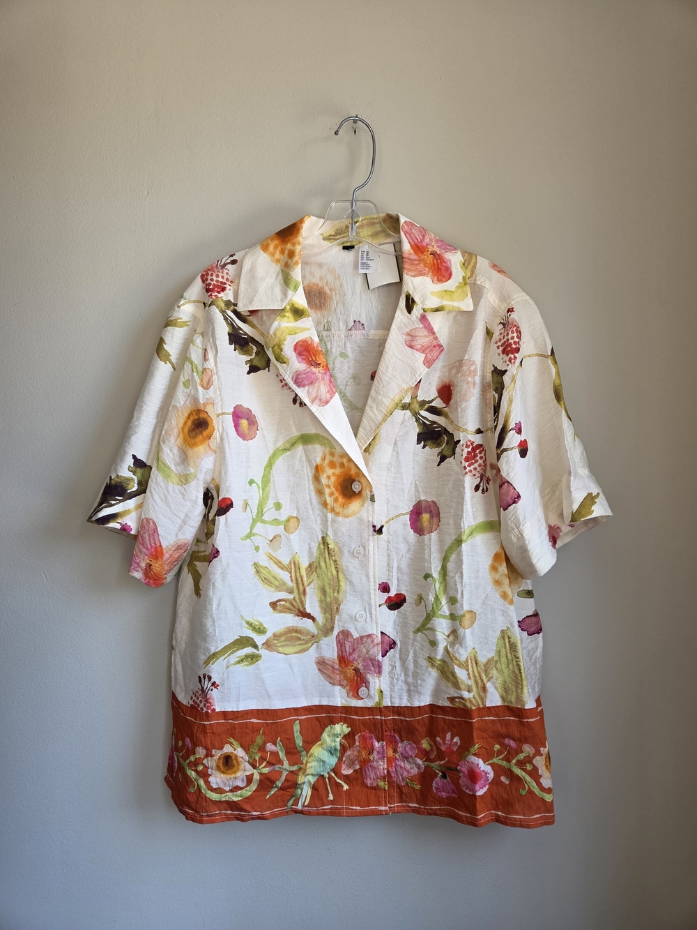 Floral Birds Loose Fit Resort Camp Button Up Short Sleeve Shirt H&M EUC XS